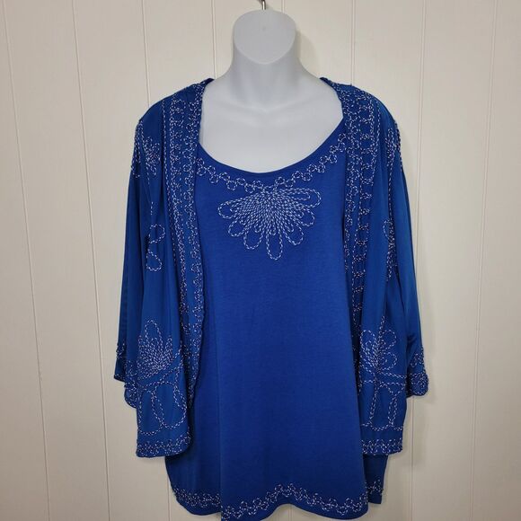 Womens Embroidered Cardigan Faux Top Plus Size 1X Blue Embroidered Sheer Sleeves - Picture 1 of 8